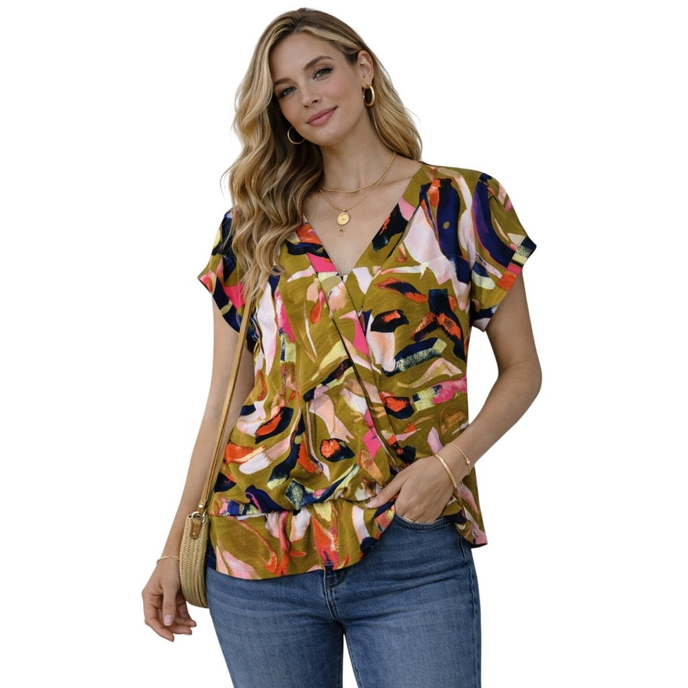 Nine West Blouse Womens Medium Olive Green Multi Abstract Smocked‎ Hem V-Neck